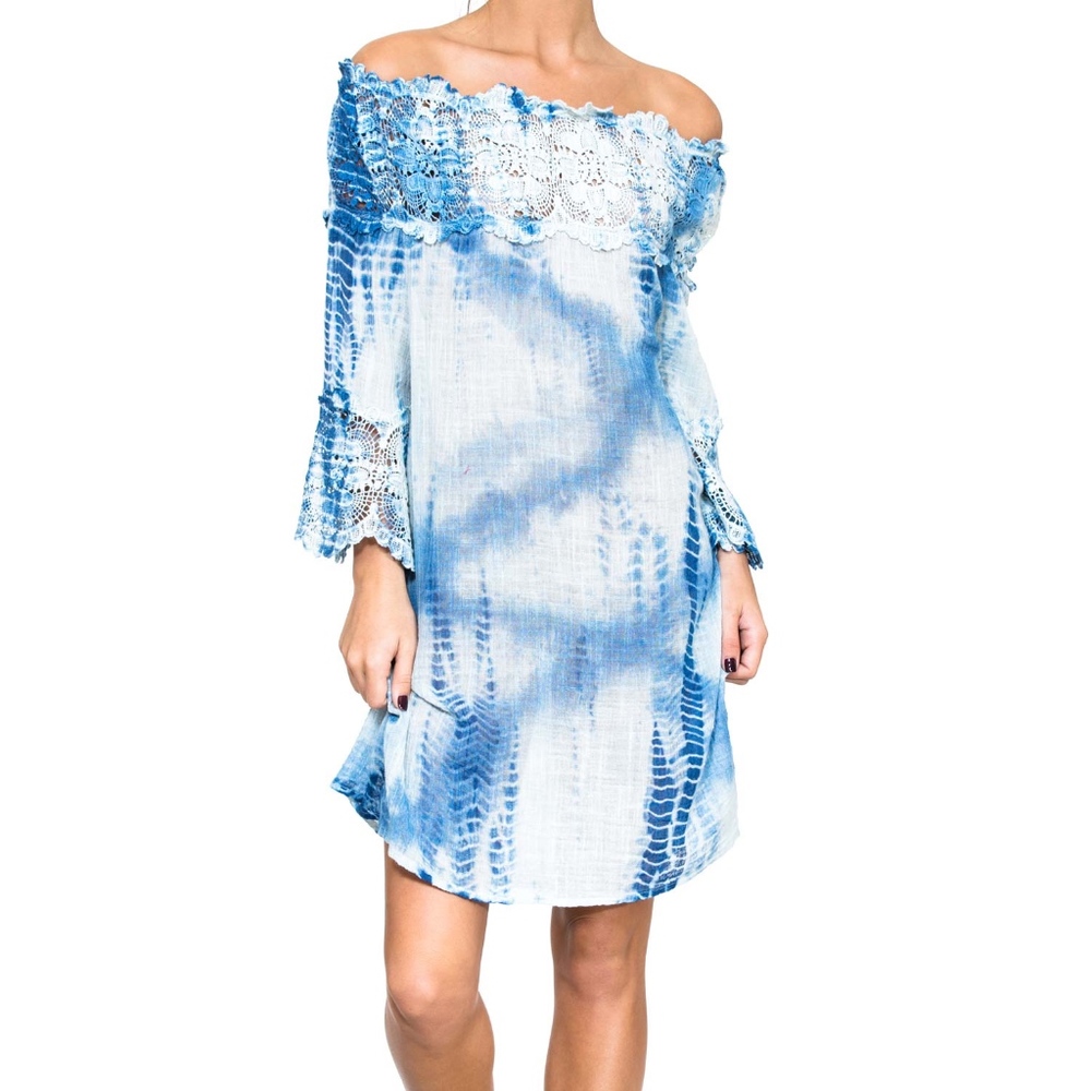 Last 1! NWT Off the Shoulder Crochet Trim Tie Dye Dress - Picture 2 of 7
